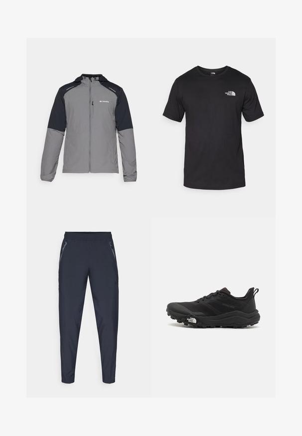 Gray jacket with black sleeves, zip front, hood, and Columbia logo. Features reflective accents and a lightweight, textured fabric.; Black short-sleeve t-shirt made of cotton, featuring a round neckline and a small white logo on the upper left chest area.; Navy athletic pants made of lightweight fabric, featuring two side zip pockets, an elastic waistband, and tapered legs for a sleek fit.; Black trail running shoe with a textured upper, rubber sole, and reinforced toe cap. Features a padded collar and pull tab for easy wear.