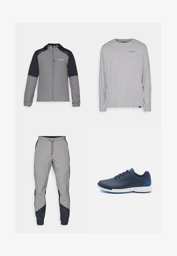 Grå jakke med sorte ærmer, lynlås foran, hætte og Columbia-logo. Har reflekterende detaljer og et let, struktureret stof.; Lysegrå langærmet T-shirt lavet af blødt, struktureret stof. Har rund hals og et lille blåt Patagonia-logo på brystet.; Lettere, grå atletiske bukser med sorte detaljer. Elastisk talje, snøre lukning, tapered ben-design og sidelommer.; Marine golf sko med et elegant design, syntetisk overdel, hvid mellemsål og blå gummispidser. Har perforeringer for åndbarhed.