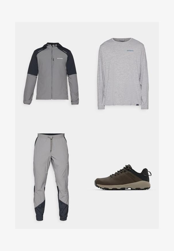 Grå jakke med svarte ermer, glidelås foran, hette og Columbia-logo. Har reflekterende detaljer og et lett, teksturert stoff.; Lys grå langermet t-skjorte laget av myk, teksturert stoff. Har rund hals og en liten blå Patagonia-logo på brystet.; Lettvektige, grå treningsbukser med svarte detaljer. Elastisk midjebånd, snøring, tapered benedesign og sidelommer.; Brune vanntette joggesko med teksturert overdel, perforerte detaljer, svart hæl støtte og en grå gummisåle. Snøring er stilisert med metalliske ender.
