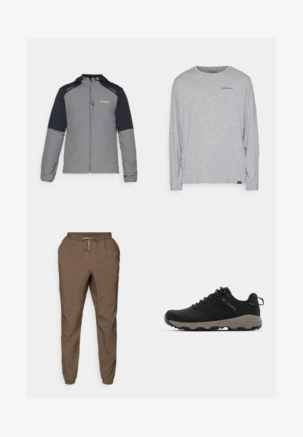 Szürke dzseki fekete ujjakkal, cipzáras elől, kapucnival és Columbia logóval. Reflektáló részletekkel és könnyű, texturált anyaggal rendelkezik.; Világosszürke, hosszú ujjú póló, puha, texturált anyagból készült. Kerek nyakkivágással és egy kis kék Patagonia logóval rendelkezik a mellkasán.; Barna, rugalmas derékú jogger nadrág, húzózsinórral, tapered lábakkal és finom fényű, könnyű, sima anyagból készült.; Fekete túrabakancs sima felsőrésszel, perforált dizájnnal, szürke talppal és megerősített sarkal. Fűzővel és húzószalaggal van ellátva a könnyű felvétel érdekében.