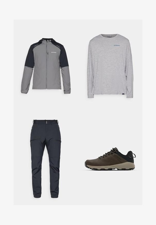 Grå jacka med svarta ärmar, dragkedja fram, huva och Columbia-logotyp. Har reflekterande detaljer och ett lätt, strukturerat tyg.; Ljusgrå t-shirt med långa ärmar gjord av mjukt, texturerat tyg. Har en rund hals och en liten blå Patagonia-logotyp på bröstet.; Houdini MORE PANTS - Friluftsbyxor - true black; Bruna vattentåliga sneakers med en strukturerad ovandel, perforerade detaljer, svart hälstöd och en grå gummisula. Snörningen har metalliska ändar.