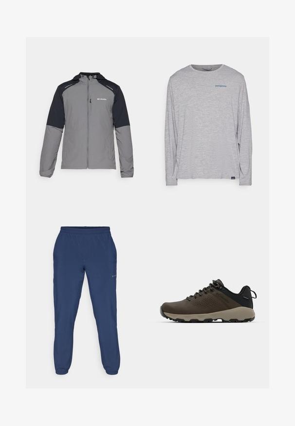 Hallide hall mustaka varrukatega, lukuga esik, kapuuts ja Columbia logo. Omab peegeldavaid detaile ja kerget, tekstureeritud kangast.; Heledhalli pikkade varrukatega t-särk, mis on valmistatud pehmest, tekstureeritud kangast. Omab ümberkaela lõiget ja väikest sinist Patagonia logo rinna peal.; Tumedad sinised püksid, mis on valmistatud pehmest materjalist, elastse vöökoha ja elastsete mansettidega, küljes on diskreetne logo.; Kohandatud veekindlad pruunid spordijalatsid tekstuuriga pealisega, perforatsioonidega detailid, must kandetoetav osa ja hall kummine sisetald. Paelad on metallist otstega.