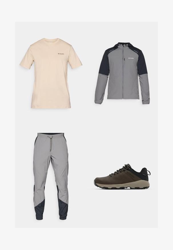 Chaqueta gris con mangas negras, cierre frontal, capucha y logo de Columbia. Cuenta con acentos reflectantes y un tejido ligero y texturizado.; Camiseta de manga corta beige de algodón, con un pequeño logo negro de Columbia en el lado izquierdo del pecho. Diseño estándar de cuello redondo.; Pantalones deportivos ligeros y grises con acentos negros. Cintura elástica, cierre con cordón, diseño de pierna ajustada y bolsillos laterales.; Zapatillas impermeables marrones con parte superior texturizada, acentos perforados, soporte para el talón negro y suela de goma gris. Los cordones tienen extremos metálicos.