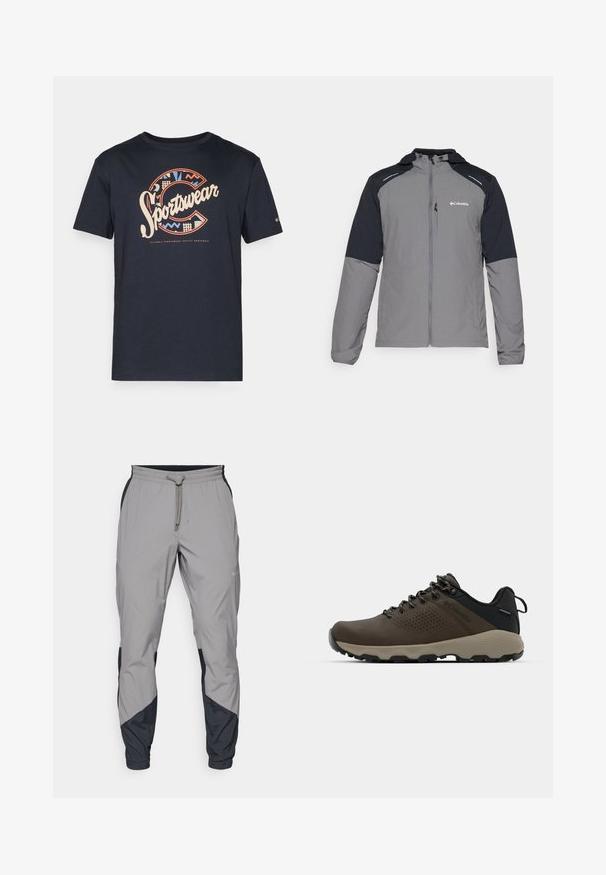 Gray jacket with black sleeves, zip front, hood, and Columbia logo. Features reflective accents and a lightweight, textured fabric.; Navy blue cotton t-shirt featuring a large, colorful "Sportswear" graphic with geometric patterns and the letter "C" on the front.; Lightweight, gray athletic pants with black accents. Elastic waistband, drawstring closure, tapered leg design, and side pockets.; Brown waterproof sneakers with a textured upper, perforated accents, black heel support, and a grey rubber sole. Laces are styled with metallic ends.