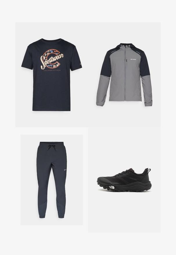 Grå jakke med svarte ermer, glidelås foran, hette og Columbia-logo. Har reflekterende detaljer og et lett, teksturert stoff.; Marineblå bomulls t-skjorte med en stor, fargerik "Sportswear" grafikk med geometriske mønstre og bokstaven "C" på forsiden.; Sorte lette joggebukser med elastisk liv og justerbar snor. Har tapered ben og sidestykker i en mørkere nyanse.; Svart terrengløpesko med teksturert overdel, gummisåle og forsterket tåhette. Har polstret krage og løftestropp for enkel påkledning.