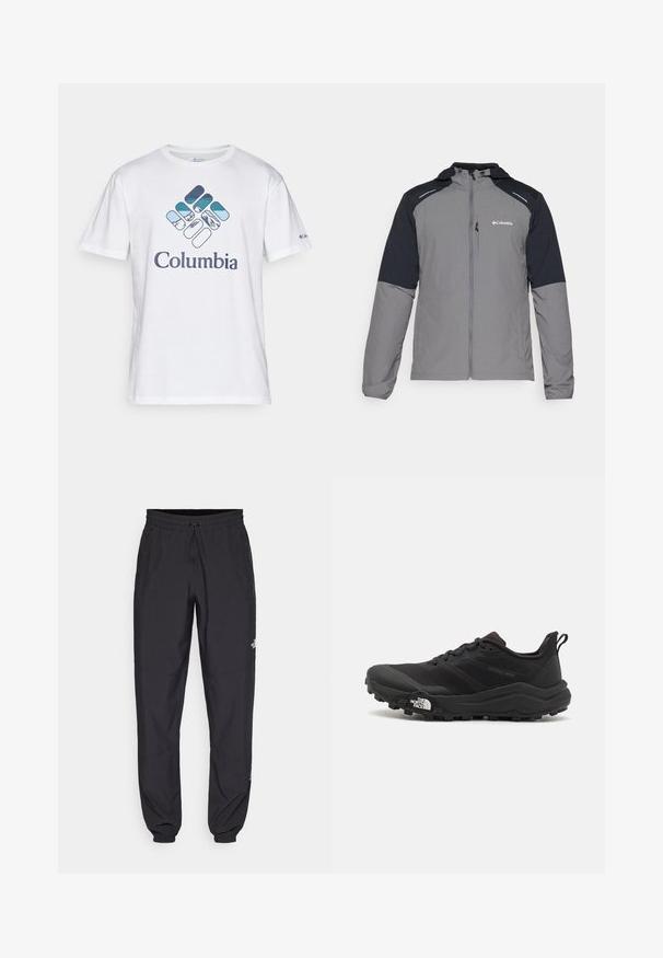 Pelēks jaku ar melniem piedurknēm, ar rāvējslēdzēju priekšā, kapuci un Columbia logo. Iezīmētais ir atstarojošiem akcentiem un vieglu, teksturētu audumu.; Balts kokvilnas T-krekls ar zilo un zaļo kalnu motīvu Columbia logo uz priekša. Īsas piedurknes, apaļš kakls, brīvs piegriezums.; Melni sporta bikses, kas izgatavotas no viegla auduma, ar savelcamu jostu, sānu kabatām un sašaurinātiem apakšējiem galiem pie potītēm.; Melnas taku skriešanas kurpes ar teksturētu virsu, gumijas zoli un pastiprinātu pirkstu daļu. Aprīkotas ar mīkstu apkakli un vilkšanas cilpu, lai viegli uzvilktu.