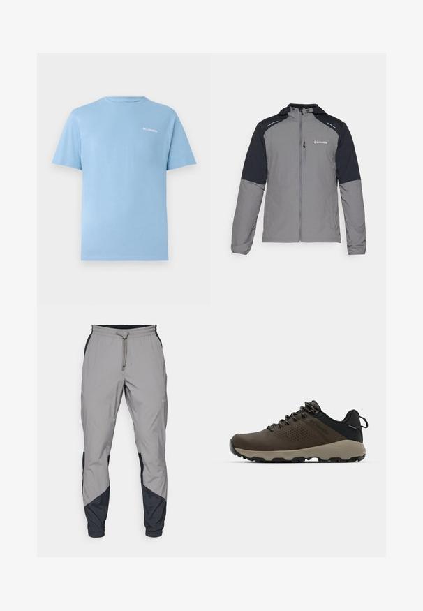 Šedá bunda s černými rukávy, se zapínáním na zip, kapucí a logem Columbia. Obsahuje reflexní akcenty a lehkou, texturovanou tkaninu.; Tyrkysové tričko s krátkým rukávem z hladké tkaniny s kulatým výstřihem. Na levé straně hrudníku je umístěno malé bílé logo.; Lehké šedé sportovní kalhoty s černými detaily. Elastický pas, stahovací šňůrka, tapered nohavice a boční kapsy.; Hnědé nepromokavé sneakers s texturovaným svrškem, perforovanými detaily, černým oporou paty a šedou gumovou podrážkou. Šňůrky mají kovové konce.