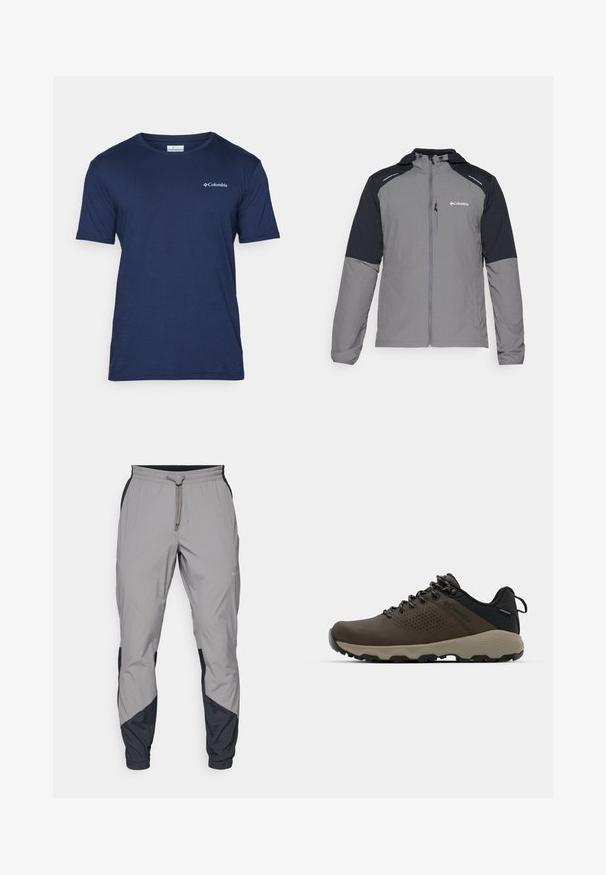 Hallide hall mustaka varrukatega, lukuga esik, kapuuts ja Columbia logo. Omab peegeldavaid detaile ja kerget, tekstureeritud kangast.; Lühikeste varrukatega tumesinine t-särk, mis on valmistatud siledast kangast. Omab ümmargust kaelust ja väikest valget Columbia logo vasakul rinnal.; Kergedatud hallid sportlikud püksid mustade aktsentidega. Elastne vöökoht, stringiga sulgemine, kitsenev jala disain ja küljetaskud.; Kohandatud veekindlad pruunid spordijalatsid tekstuuriga pealisega, perforatsioonidega detailid, must kandetoetav osa ja hall kummine sisetald. Paelad on metallist otstega.