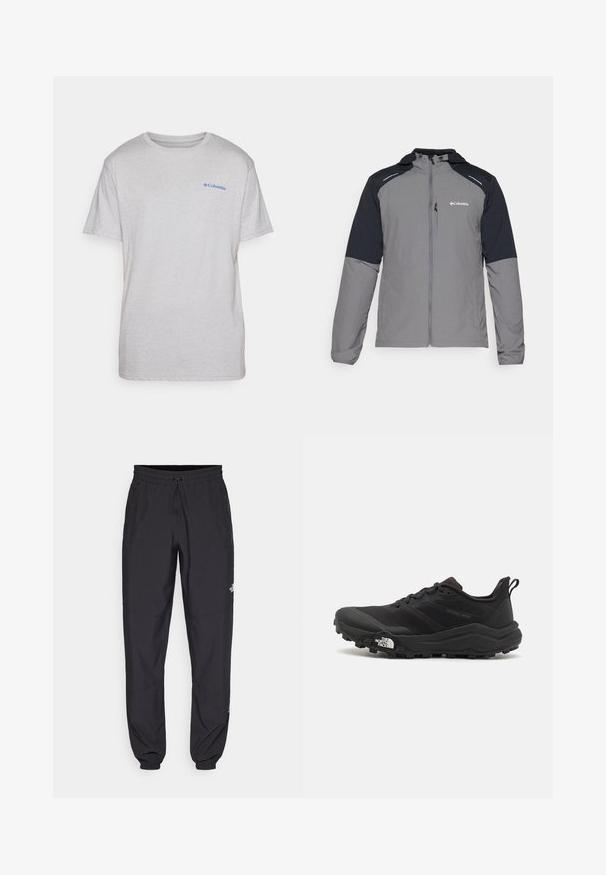 Šedá bunda s černými rukávy, se zapínáním na zip, kapucí a logem Columbia. Obsahuje reflexní akcenty a lehkou, texturovanou tkaninu.; Columbia NORTH CASCADES™ SHORT SLEEVE TEE - Triko s potiskem - grey; Černé sportovní kalhoty vyrobené z lehké tkaniny, s páskem na šňůrku, bočními kapsami a zúženými manžetami na kotnících.; Černé trailové běžecké boty s texturovaným svrškem, gumovou podrážkou a vyztuženou špičkou. Obsahují polstrovaný límec a poutko pro snadné obouvání.