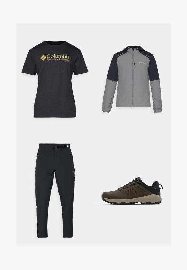 Pelēks jaku ar melniem piedurknēm, ar rāvējslēdzēju priekšā, kapuci un Columbia logo. Iezīmētais ir atstarojošiem akcentiem un vieglu, teksturētu audumu.; Columbia BASIC LOGO™ SHORT SLEEVE - Apdrukāts T-krekls - black; Columbia ESSENTIAL HIKE™ PANT - Āra bikses - black; Brūni ūdensnecaurlaidīgi sporta apavi ar teksturētu virsu, perforētiem akcentiem, melnu papēža atbalstu un pelēku gumijas zoli. Šņores veidotas ar metāliskiem galiem.