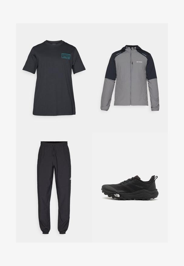 Grijze jas met zwarte mouwen, rits aan de voorkant, capuchon en Columbia-logo. Bevat reflecterende accenten en een lichtgewicht, gestructureerde stof.; Zwarte katoenen T-shirt met korte mouwen en een ronde hals. Bevat een teal kleurige grafische print op het linkerkants gedeelte van de borst. Eenvoudig, casual ontwerp.; Zwarte sportieve broek gemaakt van lichtgewicht stof, met een trekkoord in de taille, zijzakken en taps toelopende boorden bij de enkels.; Zwarte trailrunning schoen met een gestructureerde bovenkant, rubberen zool en versterkte neus. Voorzien van een gevoerde kraag en een trekhaak voor eenvoudig aan- en uittrekken.