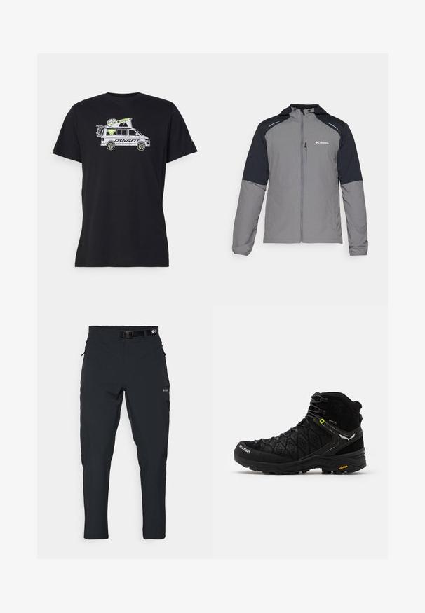 Gray jacket with black sleeves, zip front, hood, and Columbia logo. Features reflective accents and a lightweight, textured fabric.; Black cotton t-shirt featuring a graphic of a van with equipment on the roof, accented in white and neon yellow. Short sleeves, crew neck.; Columbia ESSENTIAL HIKE™ PANT - Outdoor trousers - black; Black hiking boot featuring a textured upper, reinforced toe, and Vibram sole. Lacing system includes hooks for secure fit.