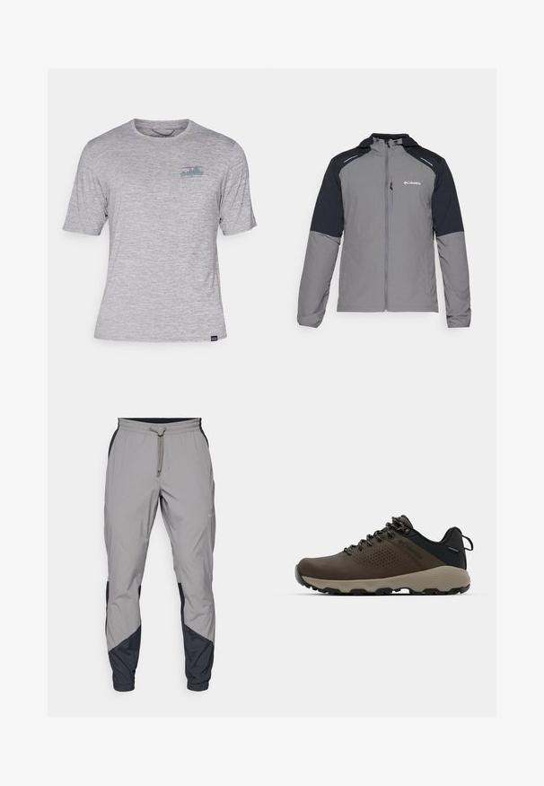 Hallide hall mustaka varrukatega, lukuga esik, kapuuts ja Columbia logo. Omab peegeldavaid detaile ja kerget, tekstureeritud kangast.; Hallitus gray värvi lühikeste varrukatega t-särk, mis on valmistatud pehmest ja kergest kangast. Ees on väike mitmevärviline logo vasakul rinna kohal.; Kergedatud hallid sportlikud püksid mustade aktsentidega. Elastne vöökoht, stringiga sulgemine, kitsenev jala disain ja küljetaskud.; Kohandatud veekindlad pruunid spordijalatsid tekstuuriga pealisega, perforatsioonidega detailid, must kandetoetav osa ja hall kummine sisetald. Paelad on metallist otstega.