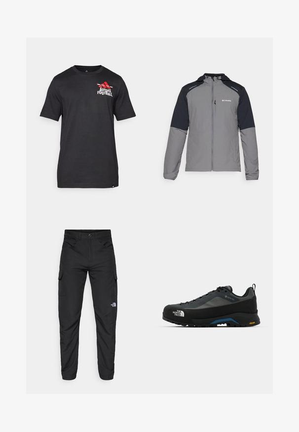 Grå jakke med svarte ermer, glidelås foran, hette og Columbia-logo. Har reflekterende detaljer og et lett, teksturert stoff.; Svart kortermet T-skjorte laget av bomull, med en rød Adidas-logo og teksten "Football" på venstre brystområde. Glatt tekstur.; The North Face HORIZON PANT - Friluftsbukser - black; The North Face VERTO ALPINE GORE TEX - Fjellsko - asphalt grey/tnf black