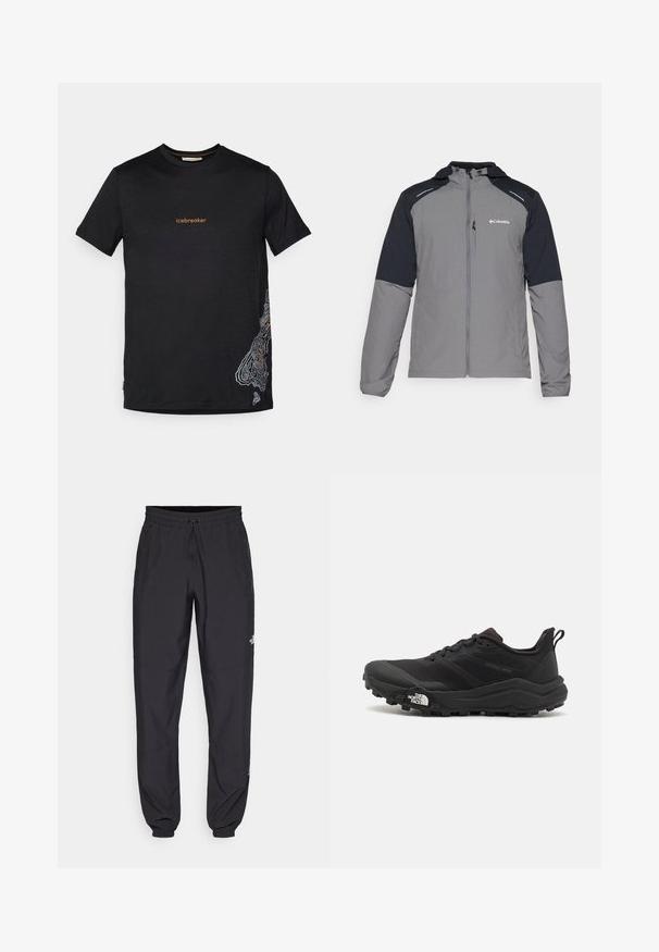 Casaco cinza com mangas pretas, fecho de correr à frente, capuz e logotipo da Columbia. Apresenta detalhes refletivos e um tecido leve e texturizado.; Camiseta preta de manga curta com o texto "icebreaker" em laranja no peito e um design de mapa topográfico em branco no canto inferior direito.; Calças atléticas pretas feitas de tecido leve, com um cós ajustável por cordão, bolsos laterais e punhos afunilados nos tornozelos.; Sapatilha de trail running preta com um upper texturizado, sola de borracha e biqueira reforçada. Possui um colarinho acolchoado e uma alça para facilitar o calçar.