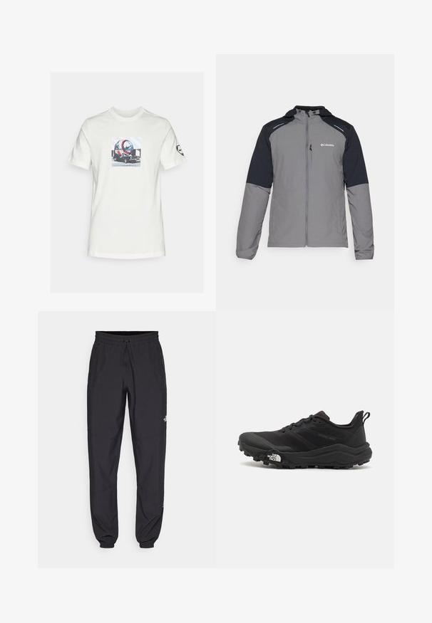 Szara kurtka z czarnymi rękawami, zamek z przodu, kaptur i logo Columbia. Posiada odblaskowe akcenty oraz lekką, teksturowaną tkaninę.; Biała bawełniana koszulka z grafiką przedstawiającą futurystyczny pojazd o okrągłym wzorze, wyeksponowana na jasnoniebieskim, geometrycznym tle.; Czarne spodenki sportowe wykonane z lekkiego materiału, z elastycznym pasem na sznurek, bocznymi kieszeniami i zwężanymi mankietami przy kostkach.; Czarne buty do biegania w terenie z teksturowaną cholewką, gumową podeszwą i wzmocnionym noskiem. Posiadają wyściełany kołnierz oraz uchwyt do łatwego zakładania.