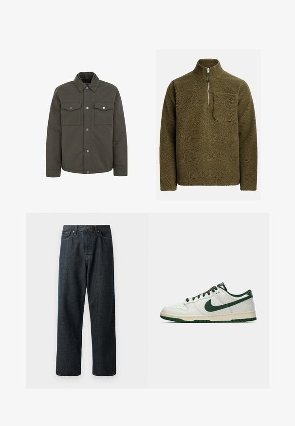 Oliivroheline jakk, mis on valmistatud vastupidavast kangast, millel on krae, kaks rinna-taskut ja metallised nupud esiküljel.; Oliiviroheline fliispullover, millel on pooltõmbe kaelus ja vasakul rinnatasku. Tekstureeritud, pehme materjal ja mugav lõige.; Tumedad teksased püksid sirge säärega kujundusega, millel on traditsiooniline viie taskuga paigutus ja metallne nööp sulgemiseks vööl.; Valge madalate tossudega, millel on tumeroheline Nike Swoosh, paelad ja tallakatted, esitatud külgmises vaates ühtlasel valgel taustal.