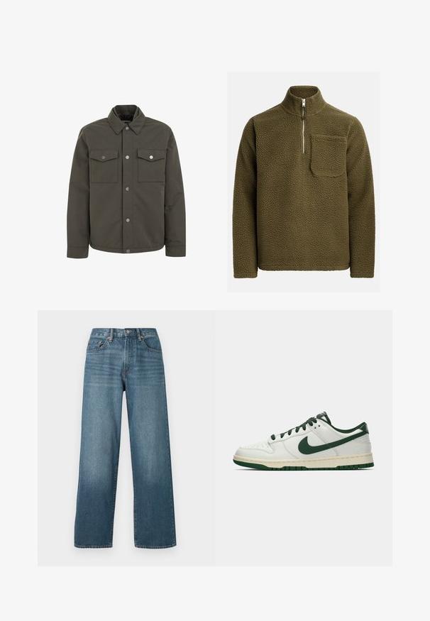 Oliivivihreä takki, joka on valmistettu kestävästä kankaasta. Takissa on kaulus, kaksi rintataskua ja metalliset napit edessä.; Fleece-pusero oliivinvihreänä, jossa on puoli-vetoketjukaulus ja vasemmalla rinnassa tasku. Rakenteellinen, pehmeä materiaali rentoa istuvuutta varten.; Lahjat tummansiniset farkut, joissa on napitus, vyölenkit ja haalistunut pinta. Ominaisuuksiin kuuluu viisi taskua ja kontrastivärinen ommel.; Valkoiset matalat tennarit, joissa tummanvihreä Nike-swoosh, nauhat ja pohjan korostukset, esitettynä profiilista yksinkertaisella valkoisella taustalla.