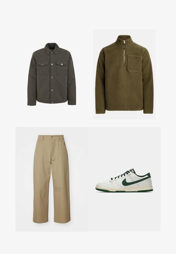 Olivovo zelená bunda vyrobená z odolnej látky, s golierom, dvojicou náprsníkových vreciek a kovovými cvokmi pozdĺž prednej strany.; Fleece pulóver v olivovo zelenej farbe, s polovičným zipsom a vreckom na ľavej strane hrudníka. Hladký, mäkký materiál s voľným strihom.; Khaki široké nohavice vyrobené z bavlny, s vysokým pásom, prednými vreckami a zapínaním na gombík. Hladká textúra a prispôsobený strih.; Biele nízke tenisky s tmavozeleným Nike swooshom, šnúrkami a akcentmi na podrážke, zobrazené v profile na jednoduchom bielom pozadí.