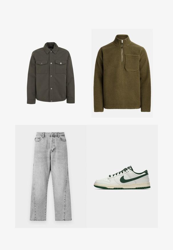 Oliivroheline jakk, mis on valmistatud vastupidavast kangast, millel on krae, kaks rinna-taskut ja metallised nupud esiküljel.; Oliiviroheline fliispullover, millel on pooltõmbe kaelus ja vasakul rinnatasku. Tekstureeritud, pehme materjal ja mugav lõige.; Hallideg denim laiad püksid kõrge vöökohaga, klassikalise viie tasku disainiga ja nähtavate õmbluse detailidega.; Valge madalate tossudega, millel on tumeroheline Nike Swoosh, paelad ja tallakatted, esitatud külgmises vaates ühtlasel valgel taustal.
