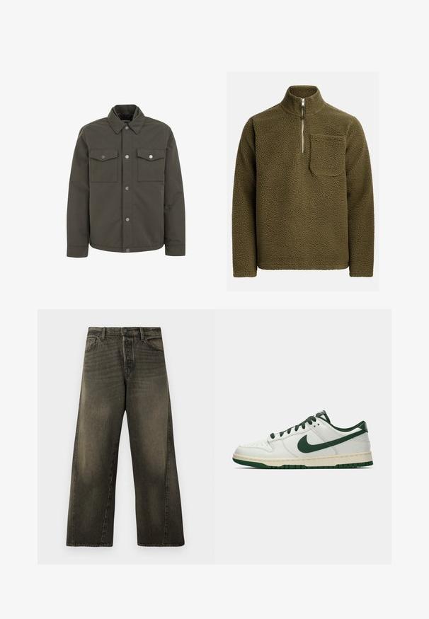 Alyvuogių žalios spalvos švarkas, pagamintas iš tvirto audinio, su apykakle, dviem krūtinės kišenėmis ir metalinėmis užsegimo sagomis priekyje.; Alyvuogių žalios spalvos vilnos džemperis su pusiau užtrauktuku ir kairiuoju krūtinės kišeniu. Textūra švelni, medžiaga minkšta, su laisvu siluetu.; Aukštai įsibėgėję, plačiais kojomis juodi nusidėvėję džinsai su priekyje esančiu mygtuku ir užtrauktuku bei standartinėmis priekinėmis kišenėmis.; Balti žemi sportbačiai su tamsiai žaliu Nike swoosh, raišteliais ir padu, rodomi šoniniame profilyje ant baltos fono.