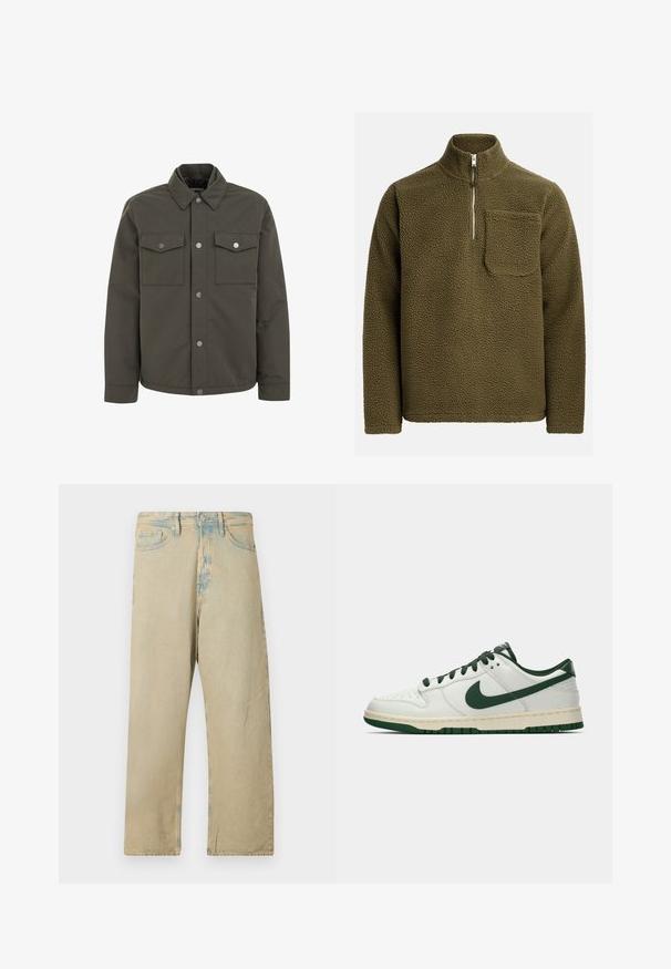 Olīvu zaļš jaka, kas izgatavota no izturīga auduma, ar apkakli, divām krūšu kabatām un metāla pogām priekšpusē.; Olive zaļas vilnas džemperis ar pus-iepakojuma apkakli un kreisajā krūšu daļā kabatu. Strukturēts, mīksts materiāls ar brīvu piegriezumu.; Beige džinsu bikses ar vaļīgu piegriezumu, ar nedaudz izbalējušu krāsu un vieglu gaiši zilu akcentu jostasvietā un malās.; Balti zemāko tenisa apavu ar tumši zaļu Nike swoosh, auklām un zoles akcentiem, parādīti profila skatījumā uz vienkrāsaina baltā fona.