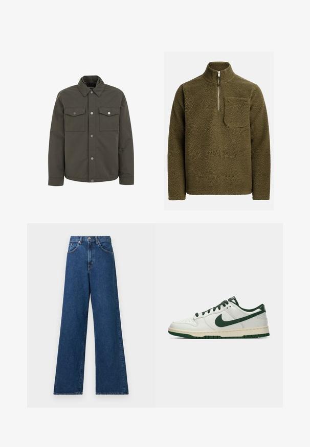 Oliivroheline jakk, mis on valmistatud vastupidavast kangast, millel on krae, kaks rinna-taskut ja metallised nupud esiküljel.; Oliiviroheline fliispullover, millel on pooltõmbe kaelus ja vasakul rinnatasku. Tekstureeritud, pehme materjal ja mugav lõige.; Laiad sinised denimi teksad kõrge vöökohaga, millel on vööaasad ja eestaskud. Kanga pind on sile ja õmblused on minimaalsed.; Valge madalate tossudega, millel on tumeroheline Nike Swoosh, paelad ja tallakatted, esitatud külgmises vaates ühtlasel valgel taustal.