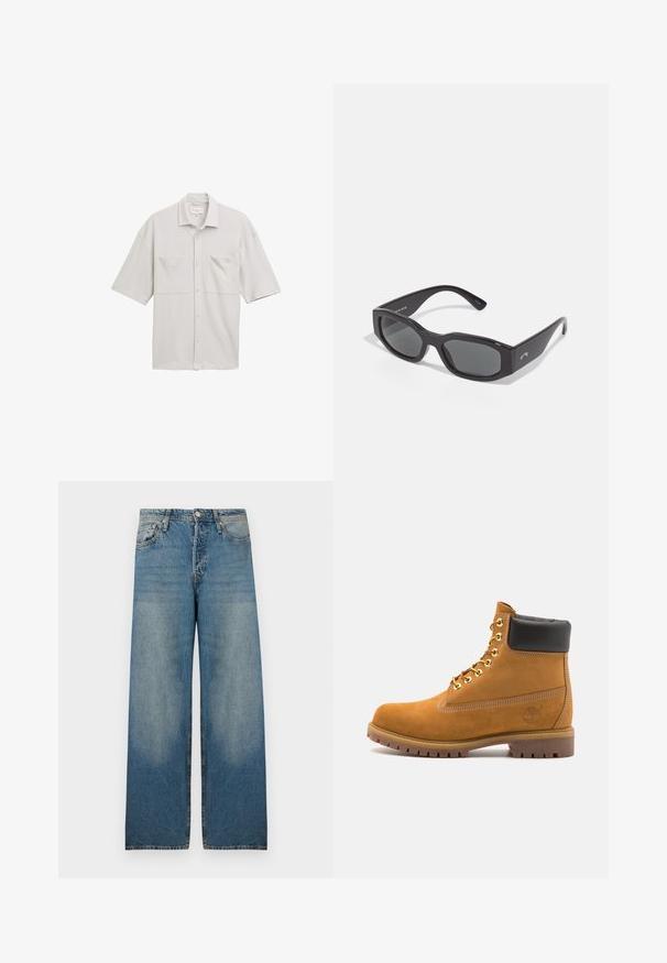 Olivgrüne Jacke aus strapazierfähigem Stoff, mit Kragen, zwei Brusttaschen und metallenen Druckknöpfen an der Front.; Hellgraues Kurzarmhemd mit einem Button-Down-Kragen, zwei Brusttaschen und einem strukturierten Stoff. Einfaches Design mit lockerer Passform.; Weißes Baumwoll-T-Shirt mit Rundhalsausschnitt, kurzen Ärmeln, lockerer Passform und minimalen Nähdetails. Glatte Textur und sauberes Design.; Helleblaue weit geschnittene Jeans aus Denim-Stoff, mit einer hohen Taille, fünf Taschen und ausgebleichten Stellen für einen Vintage-Look.; Beige Wildleder-Ankle-Boot mit schwarzem gepolstertem Kragen, goldenen Metallösen, weißen Nähdetalben und einer robusten Gummisohle mit ausgeprägtem Profil.; Schwarze rechteckige Sonnenbrillen mit dunklen Gläsern. Dicke Kunststofffassung mit glatter Oberfläche, die eine dezente Markenkennung an der Seite aufweist.