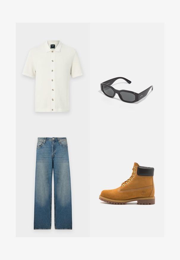 Giacca verde oliva realizzata in tessuto resistente, con colletto, due tasche sul petto e bottoni a pressione metallici lungo la parte anteriore.; Polo shirt lavorato a maglia in bianco sporco con un motivo testurizzato, maniche corte, chiusura frontale con bottoni a contrasto e colletto piatto.; T-shirt bianco in cotone con collo rotondo, maniche corte, vestibilità rilassata e dettagli di cucitura minimi. Texture liscia e design pulito.; Jeans wide leg blu chiaro in tessuto denim, caratterizzati da vita alta, design a cinque tasche e aree sbiadite per un look vintage.; Stivale alla caviglia in suede tan con collare imbottito nero, occhielli in metallo dorato, dettagli in cucitura bianca e suola in gomma robusta con battistrada pronunciato.; Occhiali da sole neri rettangolari con lenti scure. Montatura in plastica spessa con una finitura liscia, dotata di un logo discreto sul lato.