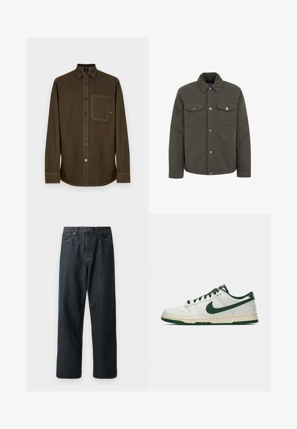 Giacca verde oliva realizzata in tessuto resistente, con colletto, due tasche sul petto e bottoni a pressione metallici lungo la parte anteriore.; Camicia a maniche lunghe marrone scuro con bottoni, colletto, taschino sul petto e cuciture visibili su sfondo bianco.; Jeans in denim scuro con un design a gamba dritta, caratterizzati da un classico layout a cinque tasche e una chiusura con bottone metallico in vita.; Sneaker bianco a bassa cima con swoosh Nike verde scuro, lacci e dettagli della suola, mostrato di profilo su uno sfondo bianco uniforme.