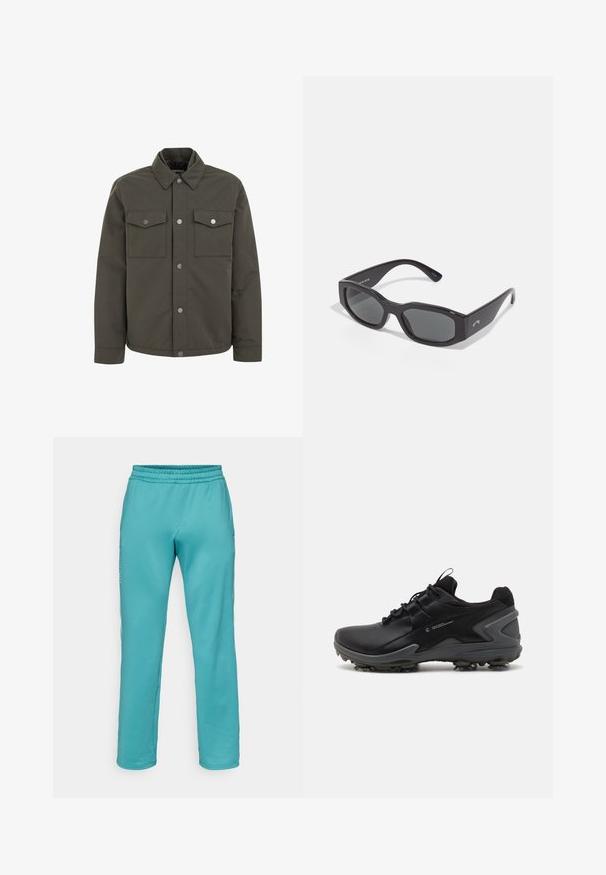 Olíva zöld dzseki tartós anyagból, gallérral, két mellzsebével és fém patentgombokkal az elején.; Fehér pamut póló kerek nyakkal, rövid ujjal, laza szabással és minimális varrási részletekkel. Simább textúra és letisztult dizájn.; Törökzöld melegítőnadrág, puha anyagból, rugalmas derékkal, egyenes szabással és minimalista kialakítással, látható minták nélkül.; Fekete sportcipők sima szintetikus felsőrésszel, texturált hálós nyakkal és gumi talppal, amelyen formázott tapadószegmensek találhatók.; Fekete, téglalap alakú napszemüveg sötét lencsékkel. Vastag műanyag keret sima felülettel, az oldalon diszkrét márkajelzéssel.