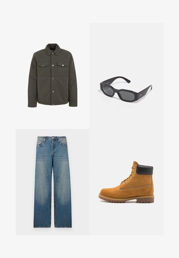 Olijfgroene jas van duurzaam materiaal, met een kraag, twee borstzakken en metalen drukknoopjes langs de voorkant.; Witte katoenen T-shirt met een ronde hals, korte mouwen, een losse pasvorm en minimale stikdetails. Glad textuur en een schoon ontwerp.; Lichtblauwe wijde jeans van denimstof, met een hoge taille, vijf-pocket ontwerp en vervaagde delen voor een vintage uitstraling.; Tan suède enkelboot met zwart gevoerd kraagje, gouden metalen oogjes, witte stikdetails en een robuuste rubberen zool met uitgesproken profiel.; Zwarte rechthoekige zonnebril met donkere lenzen. Dikke kunststof montuur met een gladde afwerking, voorzien van subtiele branding aan de zijkant.