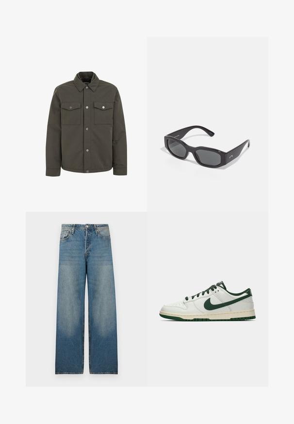 Oliwkowa kurtka wykonana z wytrzymałego materiału, z kołnierzem, dwiema kieszeniami na piersi i metalowymi zatrzaskami z przodu.; Biała bawełniana koszulka z okrągłym dekoltem, krótkimi rękawami, luźnym krojem i minimalnymi detalami szwów. Gładka tekstura i prosty design.; Jasnoniebieskie dżinsy w stylu wide-leg, wykonane z denimu, z wysokim stanem, pięcioma kieszeniami i wyblakłymi miejscami dla uzyskania vintage'owego wyglądu.; Białe sneakersy niskie z ciemnozielonym logo Nike, sznurowadłami i akcentami na podeszwie, pokazane z profilu na jednolitym białym tle.; Czarne prostokątne okulary przeciwsłoneczne z ciemnymi soczewkami. Gruba plastikowa oprawka o gładkim wykończeniu, z subtelnym logo po boku.