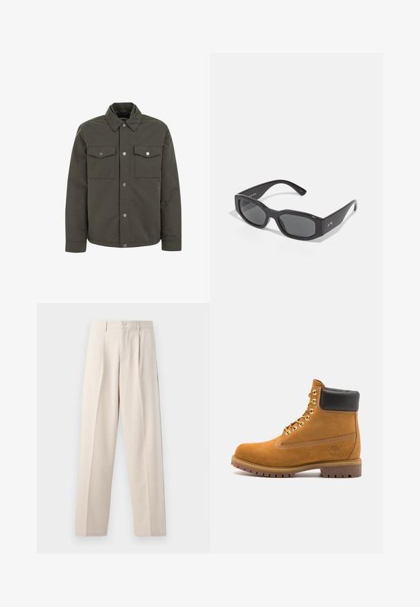 Olijfgroene jas van duurzaam materiaal, met een kraag, twee borstzakken en metalen drukknoopjes langs de voorkant.; Witte katoenen T-shirt met een ronde hals, korte mouwen, een losse pasvorm en minimale stikdetails. Glad textuur en een schoon ontwerp.; Beige wijde broek gemaakt van een gladde stof, met een voor plooi, enkele knoopsluiting en een nette zoom.; Tan suède enkelboot met zwart gevoerd kraagje, gouden metalen oogjes, witte stikdetails en een robuuste rubberen zool met uitgesproken profiel.; Zwarte rechthoekige zonnebril met donkere lenzen. Dikke kunststof montuur met een gladde afwerking, voorzien van subtiele branding aan de zijkant.