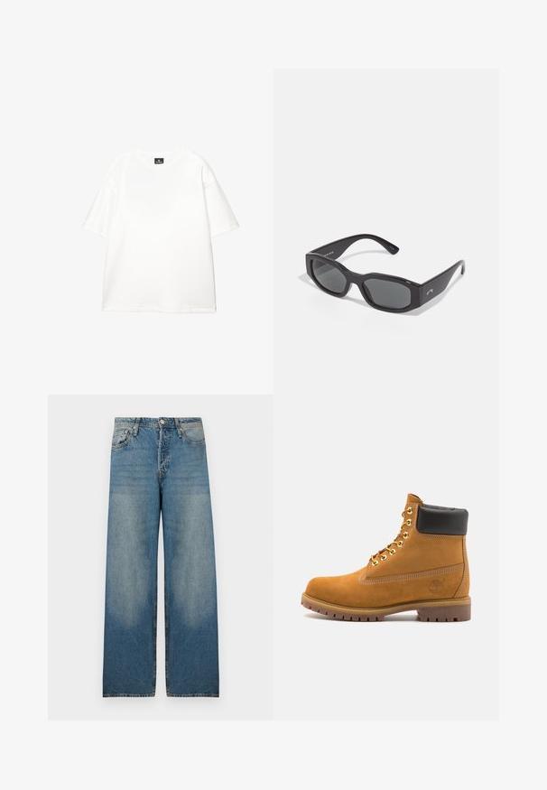 Jachetă verde măsliniu, confecționată dintr-un material rezistent, cu guler, două buzunare pe piept și nasturi metalici pe toată lungimea din față.; Tricou alb din bumbac cu guler rotund, mâneci scurte, croială lejeră și detalii minime de coasere. Textură netedă și design curat.; Jeans largi de culoare bleu deschis din material denim, cu talie înaltă, design cu cinci buzunare și zone decolorate pentru un aspect vintage.; Cizmă de gleznă din întoarsă de culoare bej, cu guler negru căptușit, ochiuri din metal auriu, detalii de cusătură albă și talpă din cauciuc robustă, cu un model pronunțat.; Ochelari de soare negri, de formă rectangulară, cu lentile întunecate. Cadru din plastic gros, cu o finisare netedă, având o branding subtil pe lateral.