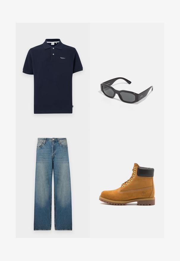 Alyvuogių žalios spalvos švarkas, pagamintas iš tvirto audinio, su apykakle, dviem krūtinės kišenėmis ir metalinėmis užsegimo sagomis priekyje.; Tamsiai mėlynas polo marškinėlis, pagamintas iš medvilnės, su klasikiniu apykakle, trumpomis rankovėmis, dviejų mygtukų užsegimu ir mažuoju siuvinėtiniu logotipu ant krūtinės.; Šviesiai mėlynos platėjančios džinsinės kelnės, pagamintos iš džinsinio audinio, su aukštu liemeniu, penkių kišenių dizainu ir nusidėvėjusiomis vietomis, suteikiančiomis senovinio stiliaus išvaizdą.; Tan spalvą turintys suknelės batus iki kulkšnies su juodu paminkštintu apvadu, auksiniais metaliniais akių užsegimais, baltais siūlų dekoratyviniais elementais ir tvirtu guminiu padu su ryškiai išreikštais raštais.; Juodos stačiakampės saulės akinių rėmeliai su tamsiais objektyvais. Storas plastikinis rėmas su lygiu paviršiumi, šone su subtilia prekės ženklų žyme.