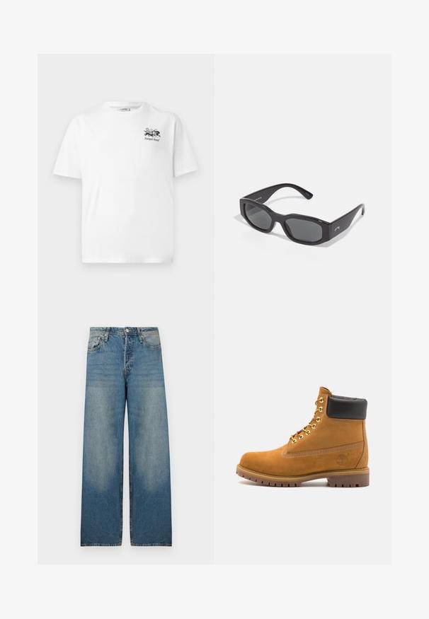 Olīvu zaļš jaka, kas izgatavota no izturīga auduma, ar apkakli, divām krūšu kabatām un metāla pogām priekšpusē.; Balta kokvilnas T-kreklā ir melna grafika ar tekstu "Pompeii Brand". Klasisks apaļais kakls un īsas piedurknes.; Gaiši zili platleņķa džinsi no denima auduma, ar augstu jostasvietu, piecu kabatu dizainu un izbalējušām vietām, lai radītu retro izskatu.; Brūna zamša potīte ar melnu izšuvumu ap kaklu, zelta metāla acu caurumi, balta šuvju apdare un izturīgs gumijas zole ar izteiktu zīmējumu.; Melnas taisnstūra saulesbrilles ar tumšiem stikliem. Biezs plastmasas rāmis ar gludu virsmu, ar smalku zīmola logotipu sānos.