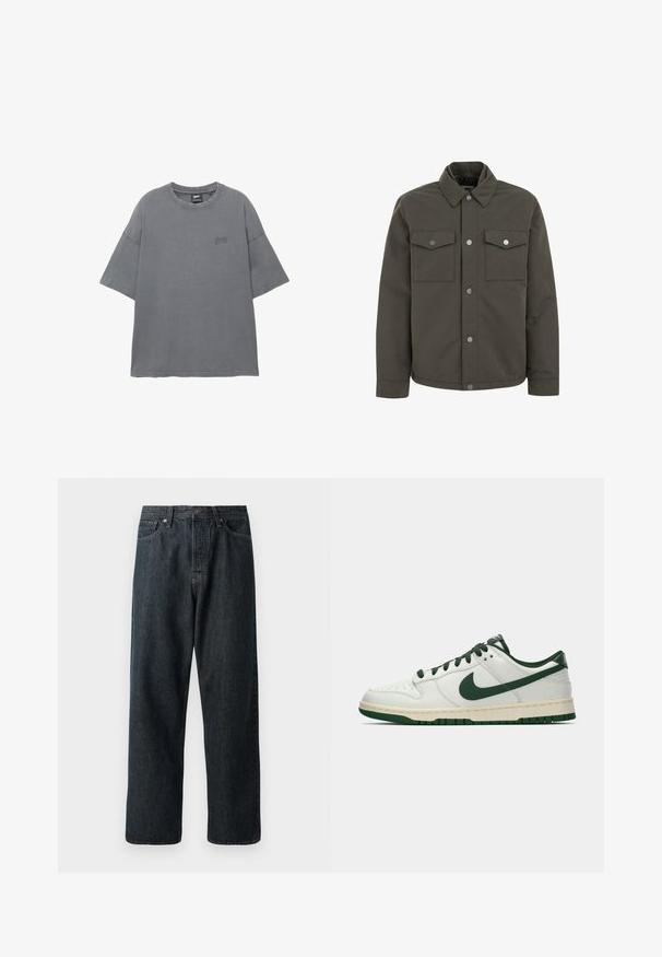 Giacca verde oliva realizzata in tessuto resistente, con colletto, due tasche sul petto e bottoni a pressione metallici lungo la parte anteriore.; T-shirt grigio a maniche corte con scollo rotondo, realizzato in cotone, dotato di un logo ricamato sottile sul petto. Texture morbida.; Jeans in denim scuro con un design a gamba dritta, caratterizzati da un classico layout a cinque tasche e una chiusura con bottone metallico in vita.; Sneaker bianco a bassa cima con swoosh Nike verde scuro, lacci e dettagli della suola, mostrato di profilo su uno sfondo bianco uniforme.