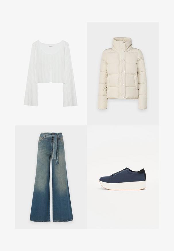 Doudoune couleur crème, avec un col haut, des boutons-pression et deux poches avant. Fabriquée en matériau doux et matelassé. Design léger.; Top court blanc à côtes avec un col rond, des manches longues et une patte de boutonnage. Présente une légère texture et un détail d'ouverture à l'avant.; Pantalons en denim à jambe large présentant un dégradé de bleu clair à bleu foncé, taille haute, passants de ceinture et une ceinture en tissu assortie. Finition en denim texturé.; Baskets bleu marine avec un upper en tissu texturé, semelle plateforme blanche, bout arrondi et accent noir au talon. Dispose de six œillets pour les lacets.