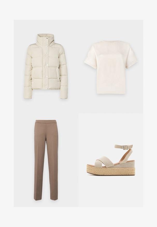 Puffer jacket in cream color, featuring a high collar, snap buttons, and two front pockets. Made of soft, quilted material. Lightweight design.; Short-sleeve crew neck t-shirt in off-white, made of smooth fabric, featuring a relaxed fit and minimal stitching details on sleeves.; Brown, fitted trousers with a smooth, stretchy fabric. Straight legs and a flat waistband without visible hardware or pockets.; Beige espadrille platform sandals featuring woven textile upper, crisscross straps, ankle buckle, and textured jute-wrapped sole.