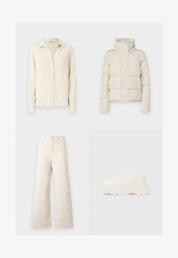 Puffermantel in Cremefarbe, mit hohem Kragen, Druckknöpfen und zwei Vordertaschen. Aus weichem, gestepptem Material. Leichtes Design.; Helles beige Langarm-Hemd mit Knopfleiste, kragen, zwei Brusttaschen und strukturierter Stoffoberfläche.; Beige weite Baumwollhose mit frontaler Knopfverschluss, Seitentaschen und glatter Textur. Minimalistisches Design ohne Muster.; Weiße Leinensneaker mit einer massiven Sohle, abgerundeter Spitze und fünf Ösen für Schnürsenkel. Hinterer Tab für ein einfaches Anziehen. Glatte Textur, minimalistisches Design.