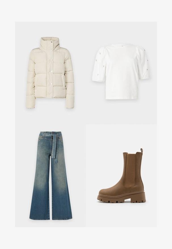 Kreemivärvi puhvjakker, millel on kõrge krae, nööbid ja kaks esikotti. Valmistatud pehmest, tikitud materjalist. Kerge disain.; Valge puuvillane T-särk lühikeste puffkäistega, millel on väikesed hõbedased kaunistused käiste servades. Klassikaline ümmargune kaelus, vaba ja mugav lõige.; Laiad denimpüksid, millel on hele tume sinine gradiendiefekt, kõrge vöökoht, vöökumlid ja sobivast kangast vöö. Struktureeritud denimi viimistlus.; Pruunid pahkluu saapad siledast nahast viimistlusega, elastsete külgpaneelide ja paksu tallaga. Omavad seljaosas tõmbenööri, et neid oleks lihtne jalga panna.