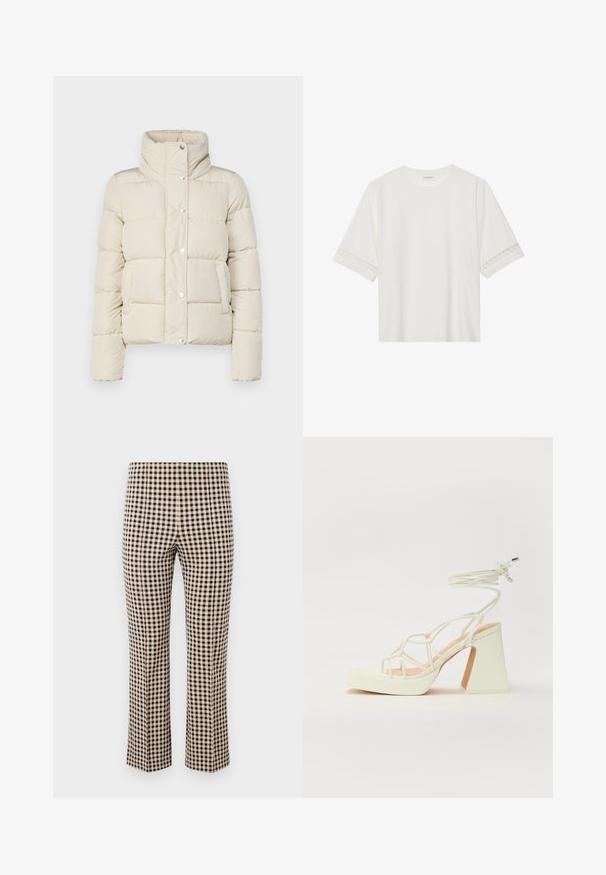 Bunda typu puffer v krémové barvě, s vysokým límcem, patentkami a dvěma předními kapsami. Vyrobena z měkkého prošívaného materiálu. Lehký design.; Bílé tričko s krátkým rukávem vyrobené z bavlny, s dekorativní krajkovou aplikací na rukávech a kulatým výstřihem.; Kalhoty s kostkovaným vzorem v černobílé barvě, rovného střihu, s hladkým povrchem a vysokým pasem.; Bílé sandály na vysokém podpatku s robustním podpatkem, s designem s pásky a zavazováním kolem kotníku. Hladký povrch s platformou vpředu pro zvýšení výšky.