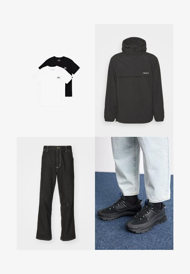 Mustmust musta jakker, millel on kapuuts, esi tõmblukk, suur rinna tasku, elastsed mansetid ja reguleeritav hem nööridega.; Kaks ümmarguse kaelusega T-särki: üks valge ja teine must. Mõlemal on vasakul rinnal väikesed logo aktsendid. Valmistatud pehmest puuvillakangast.; Mustadest denimist püksid, lahtise lõikega, kontrastsete valgete õmblustega, nööbiga kinnitamine ja sirge säär.; Mustad mustad jooksukingad, millel on tekstureeritud kangas ja kummist tallad, elastsed nöörid ning sinine aksent kandadel. Kandmine heledate teksadega.