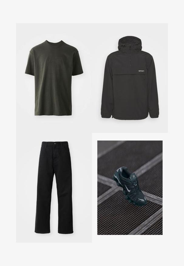 Black pullover jacket with a hood, featuring a front zipper, large chest pocket, elastic cuffs, and drawstring hem for adjustable fit.; Dark green t-shirt made of soft fabric, featuring a crew neck and short sleeves. Embroidered "nike" logo in a slightly darker green.; Black denim pants with a straight cut, featuring front pockets, a zip fly, and a single top button. Textured fabric with a matte finish.; Dark green Nike Shox sneaker with mesh upper, rubber accents, and distinctive cushioned sole. Silver Nike logo on the side. Textured details visible.
