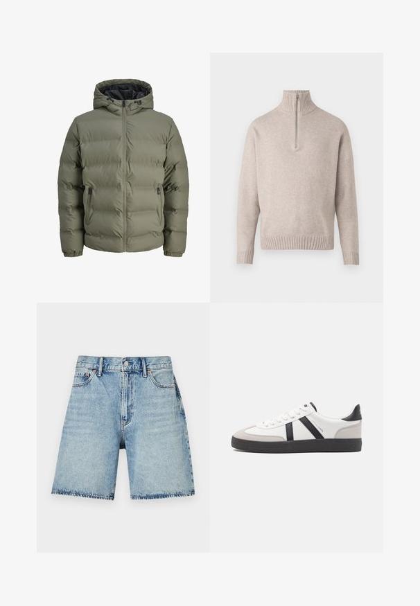 Chaqueta acolchada verde oliva con capucha, cierre de cremallera y dos bolsillos laterales. Presenta textura acolchada y puños elásticos.; Suéter de punto suave en color beige, con medio cierre en el cuello. Presenta un cuello y puños acanalados, con un ajuste relajado y un diseño sin costuras.; Shorts de mezclilla azul claro con corte recto, cinco bolsillos y costuras visibles. Presenta un cierre de botón en la parte delantera.; Zapatilla blanca con acentos en negro y gris, que presenta una puntera texturizada en gris, suela de goma negra y cordones planos blancos. Diseño limpio, estilo minimalista.