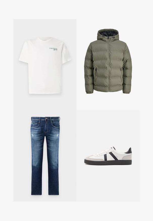 Olivgrüne Daunenjacke mit Kapuze, Reißverschluss und zwei Seitentaschen. Verfügt über gesteppten Stoff und elastische Bündchen.; Olivgrüner, gestrickter Pullover mit rundem Halsausschnitt, langen Ärmeln und gerippten Bündchen. Verfügt über ein strukturiertes Muster und eine lockere Passform.; Weißes Baumwoll-T-Shirt mit Rundhalsausschnitt. Auf der Vorderseite steht in grüner Schrift: "PARK MOTEL Resort." Es hat kurze Ärmel und eine lockere Passform. Glatte Textur.; Blaue Denim-Jeans mit regulärer Passform, ausgestattet mit einer verwaschenen Optik, leichten Gebrauchsspuren, fünf Taschen und Kontrastnähten. Knopfverschluss am Bund.; Weiße Sneaker mit schwarz- und grau-aczenten, ausgestattet mit einer strukturierten grauen Zehenkappe, schwarzer Gummi-Sohle und flachen weißen Schnürsenkeln. Sauberes Design, minimalistische Stil.
