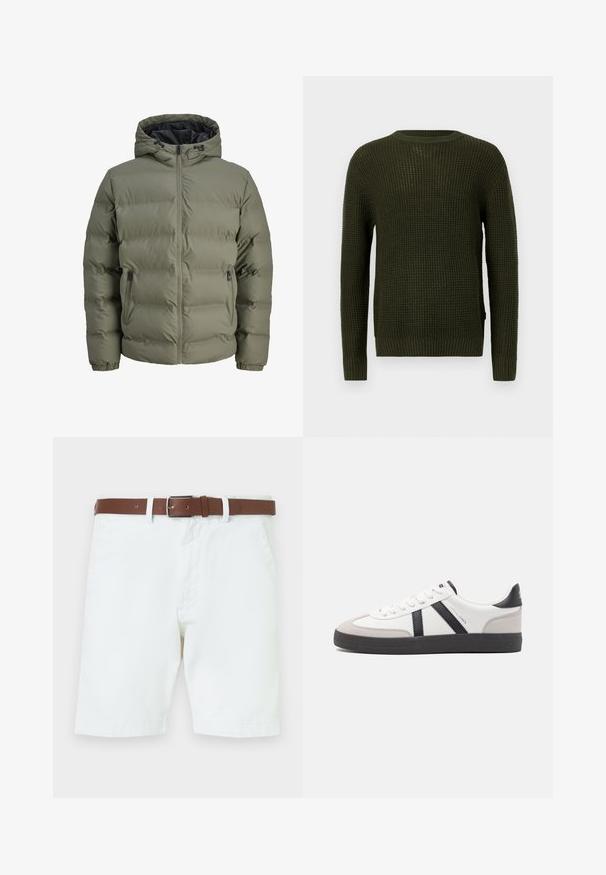 Olivově zelená prošívaná bunda s kapucí, zipovým zapínáním a dvěma bočními kapsami. Má prošívanou texturu a elastické manžety.; Olivově zelený pletený svetr s kulatým výstřihem, dlouhými rukávy a žebrovanými manžetami. Má texturovaný vzor a volný střih.; Bílé bavlněné šortky s hnědým koženým páskem se stříbrnou sponou. Zapínání na cvok a zip, boční kapsy a lemované manžety.; Bílé tenisky s černými a šedými akcenty, opatřené texturovaným šedým prstovým krytem, černou gumovou podrážkou a plochými bílými tkaničkami. Čistý design, minimalistický styl.