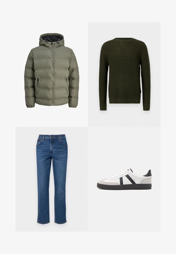 Olive roheline puffer-jakk kapuutsiga, lukuga ja kahe küljetaskuga. Omab tikandit ja elastseid varrukaotsi.; Oliivroheline kootud sviiter ümmarguse kaeluse, pikkade varrukate ja soonikdetailidega. Omab tekstureeritud mustrit ja lõdva istuvust.; Sinine teksariie otse jala disainiga, viie taskuga stiil ja nööbi ning tõmbluku sulgemine. Omab peent tikandit ja klassikalist pesu.; Valged tossud mustade ja hallide aktsentidega, tekstureeritud halli varbakattega, musta kummitald ja lamedad valged paelad. Puhtad jooned, minimalistlik stiil.