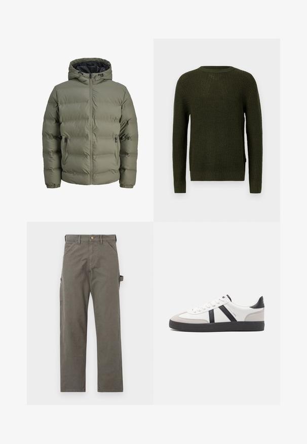 Oliegroene pufferjack met capuchon, ritssluiting en twee zijzakken. Heeft een gearceerde textuur en elastische manchetten.; Olijfgroen gebreid sweater met een ronde halslijn, lange mouwen en geribbelde manchetten. Heeft een textuurpatroon en een relaxte pasvorm.; Cargo-broek in donkergrijs katoen met een rechte pijp, voorzien van zijzakken en een knoopsluiting bij de taille. Gladde textuur, minimale detaillering.; Witte sneaker met zwarte en grijze accenten, voorzien van een grijze neus met textuur, zwarte rubberen zool en platte witte veters. Schoon ontwerp, minimalistische stijl.